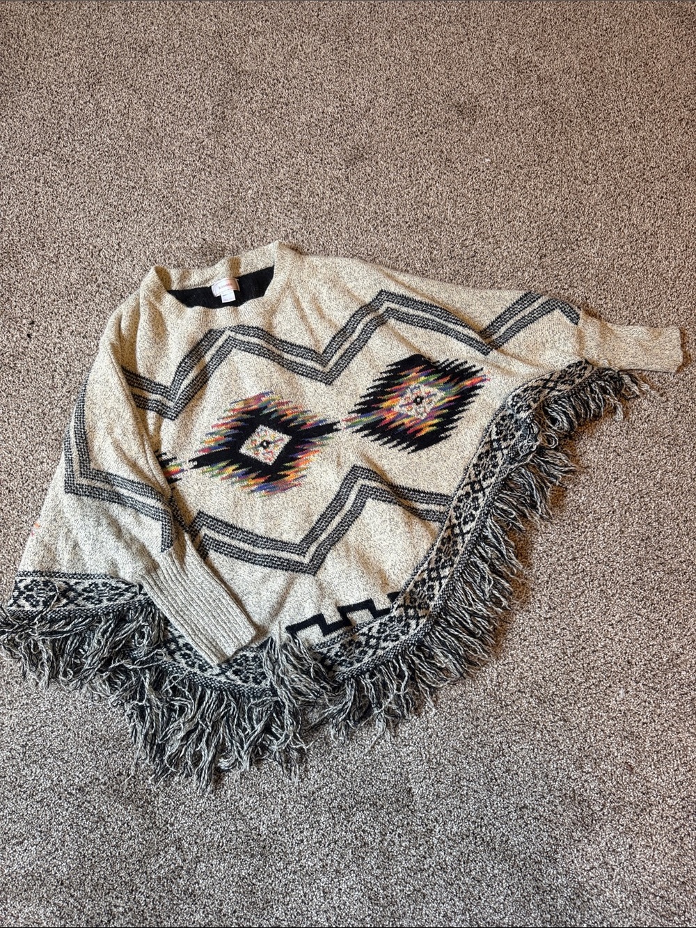 Fringe Aztec Knit Poncho Sweater - Cream